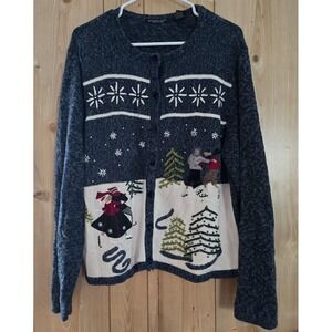 Reference Point XL‎ Winter Scene Cardigan Sweater Ice Skaters Trees Snowflakes